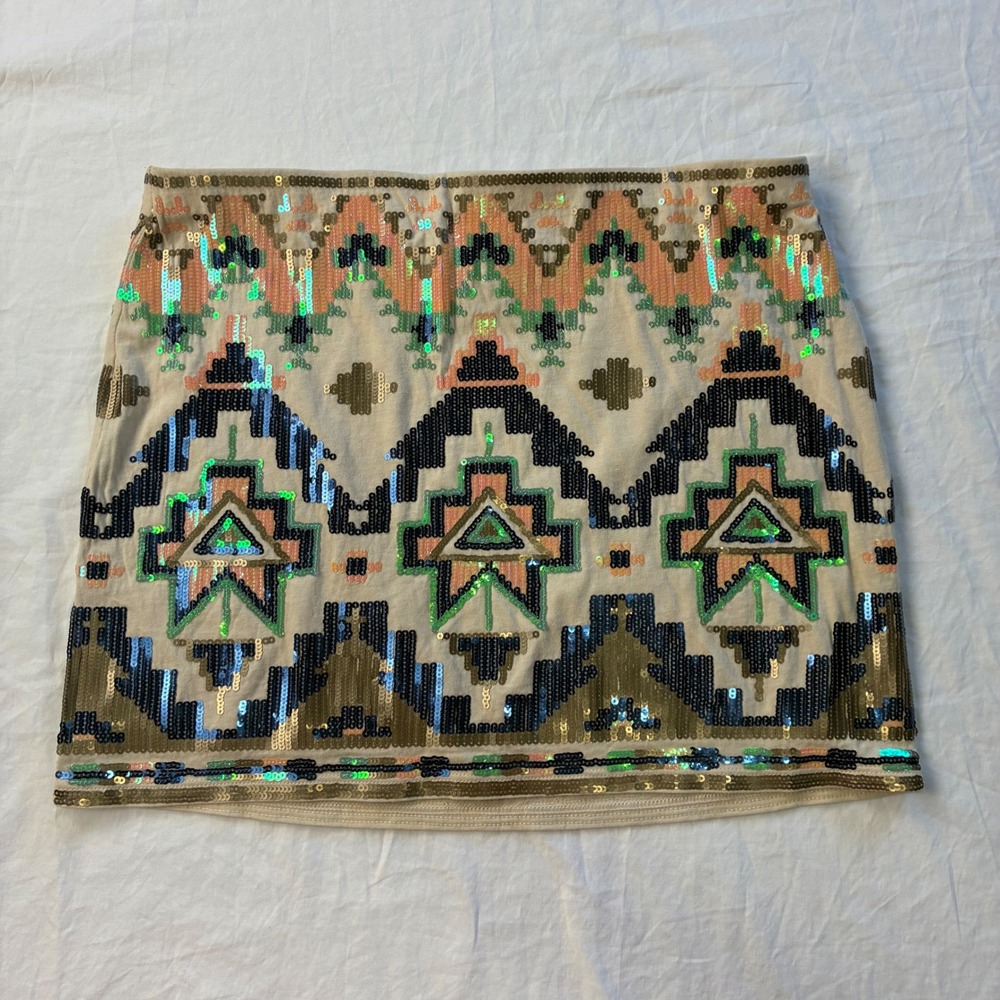 Express Cream Sequin Southwestern Aztec Mini Skirt Small Boho Shimmer Tribal